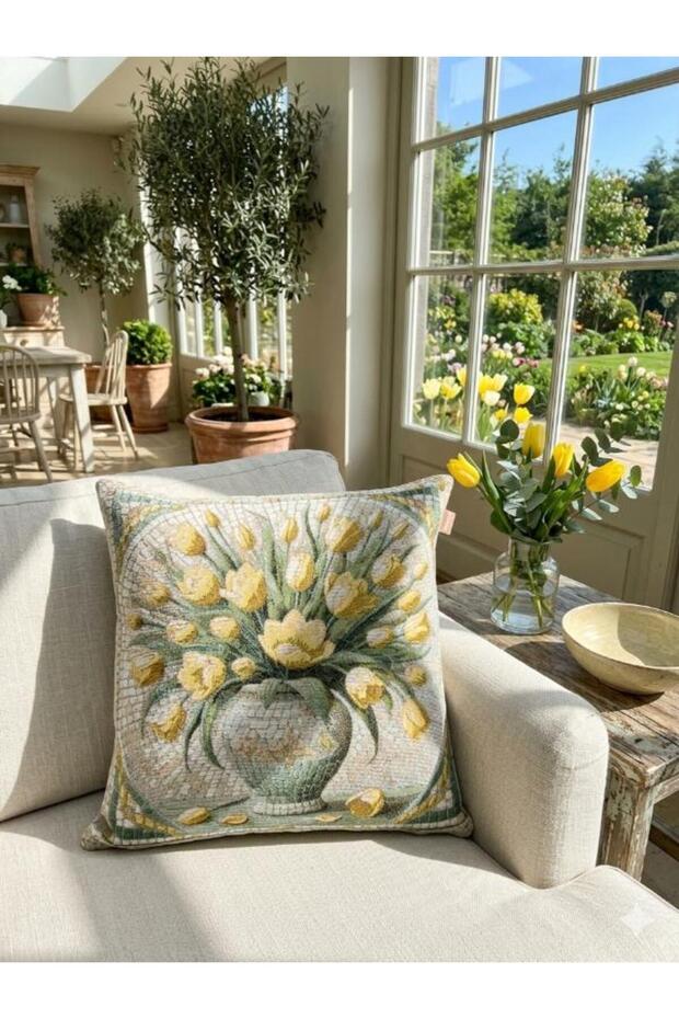 Mozaic Yellow Tulips Jacquard Woven Tapiserie Decorative Kirlent 45*45