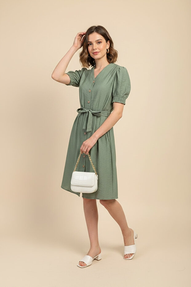 Women's Green Linen Look Midi Belted Buttoned Dress with Elastic Sleeves