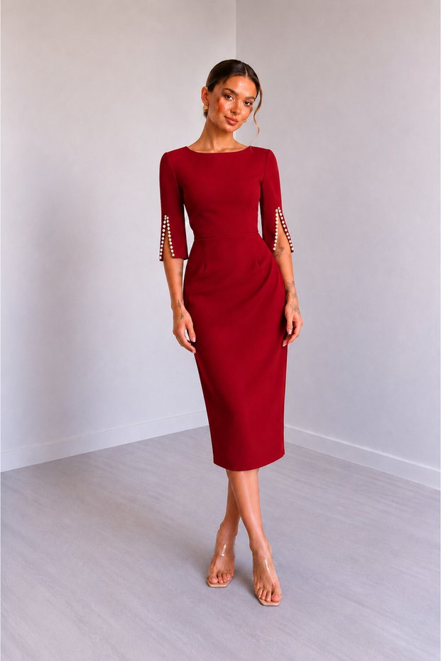 Women's Short Slit Sleeve Pearl Detailed Round Neck Midi Crepe Dress