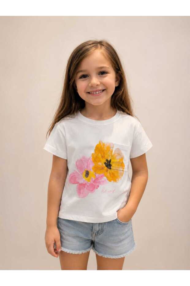 Girl's Floral Printed T-Shirt with Stone Pocket Detail