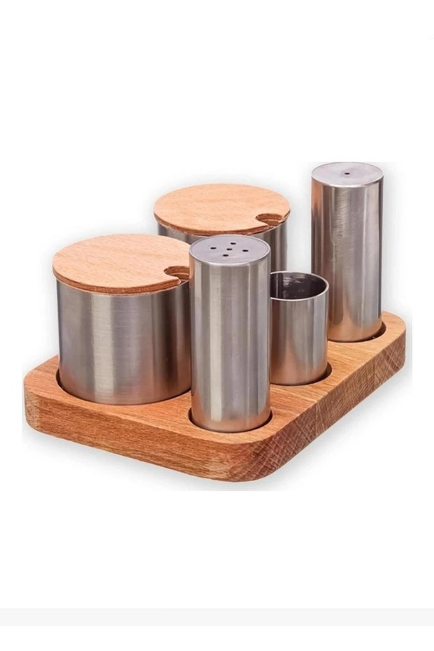 5 Piece Menanj Salt Shaker Pepper Shaker Toothpick Holder Spice Rack Set with Wooden Stand Ik133