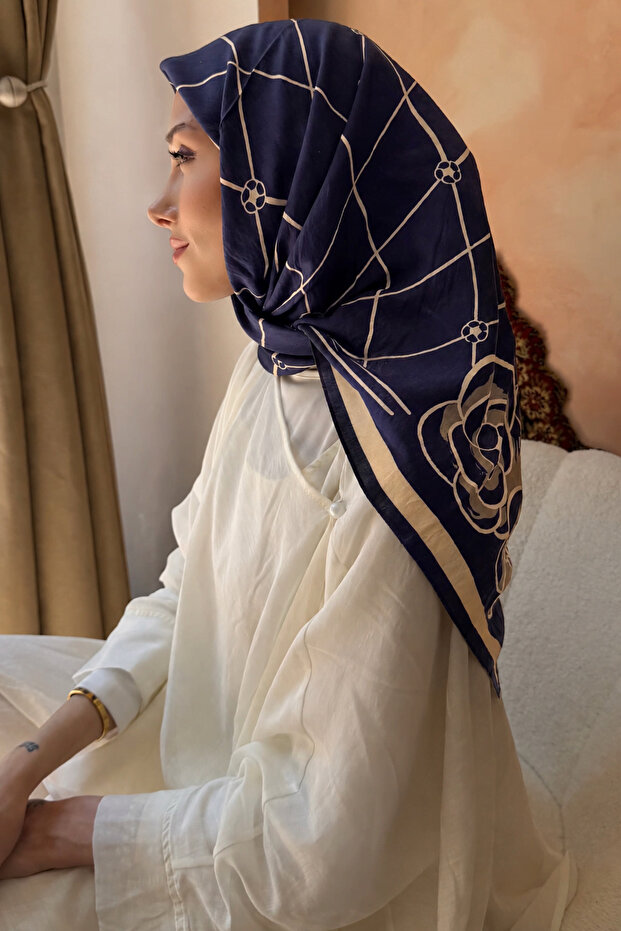 Navy Blue Floral Patterned Silk Scarf