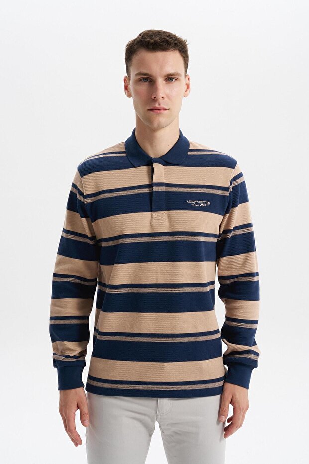 Ar-Ma Men's Polo Collar Sweatshirt, Unprinted, Striped, Buttoned, Without Pockets, Regular Fit, Ringel Pike K3055495300