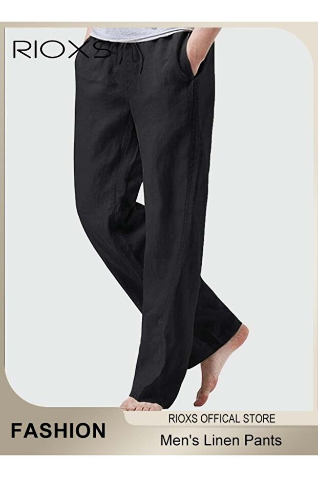 Men's Cotton Linen Trousers, Solid Summer Beach Yoga Pants, Casual Elastic Waist Drawstring Trousers