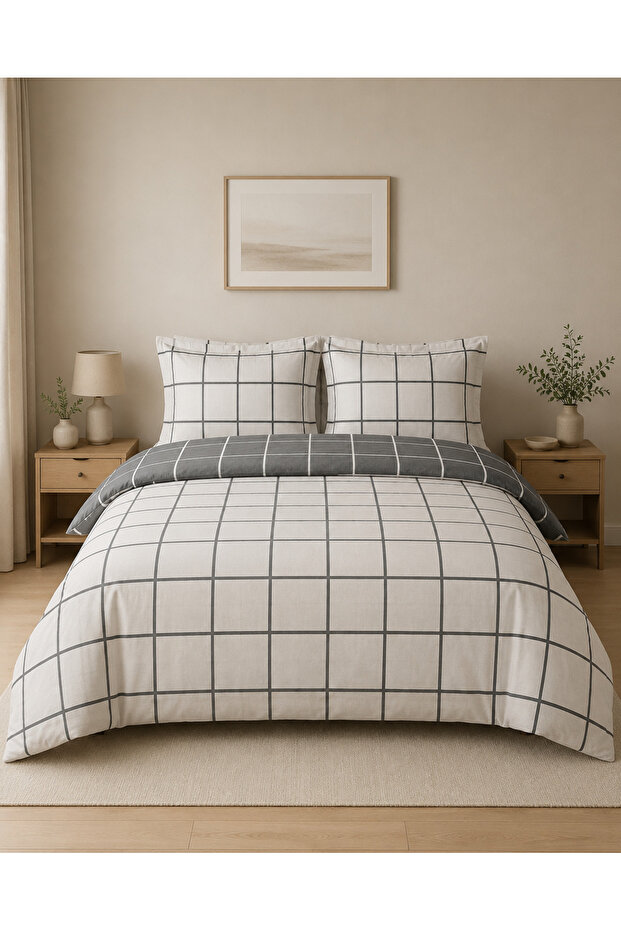 Line Patterned Double 200 X 240 Duvet Cover Set with Elastic Sheets