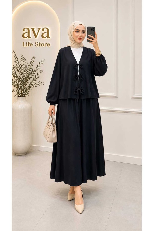 Women's Black Bow Tie Detail Hijab Skirt and Shirt Double Set