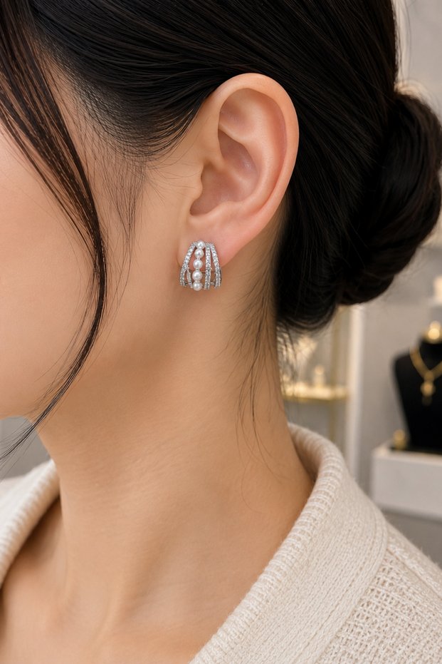 Women's Pearl Detailed Zircon Stone Silver Color Premium Earrings 1052