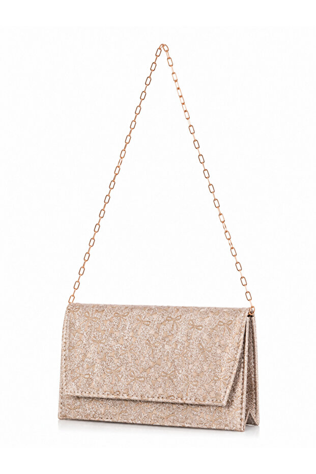 Ribbon Patterned and Sparkling Chain Strap Bag Gold
