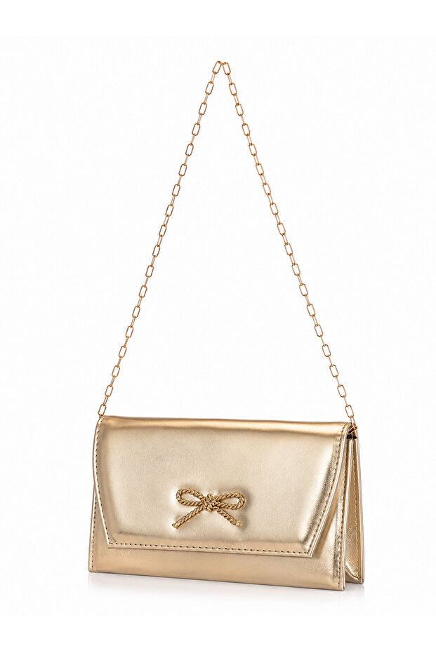 Ribbon Chain Strap Bag - Gold with Bow Stone Detail