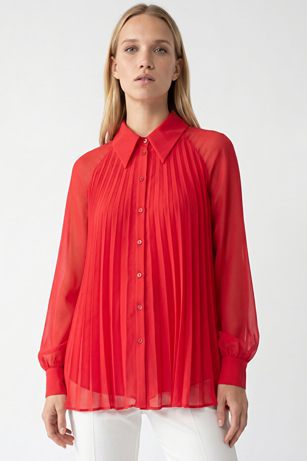 Pleated Buttoned Cuff Long Sleeve Regular Shirt