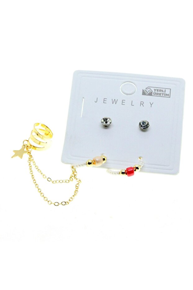 Gold Color Round Cartilage Combination White Bead Earrings Premium Stain-Resistant Elegant