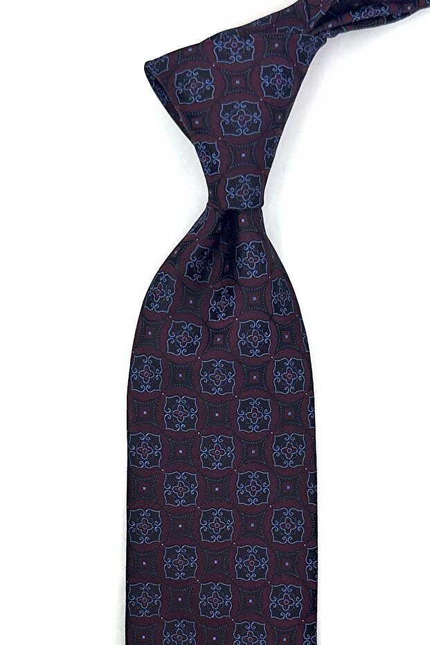 Burgundy Blue Motif Pattern Classic Tie with Handkerchief Kk13765