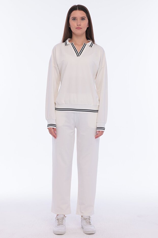 Women's Cotton V-Neck Stripe Detailed Tracksuit Set White -8537