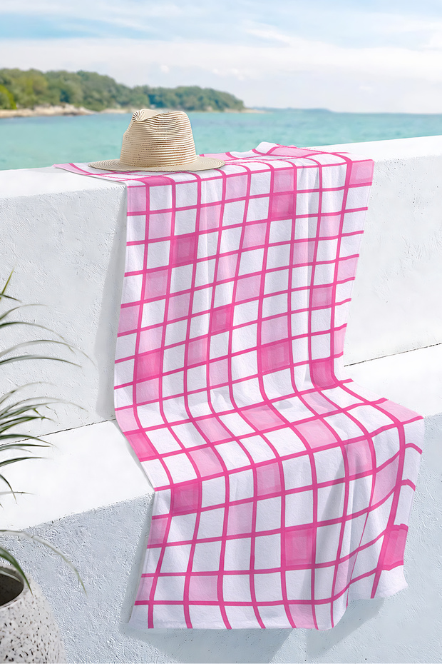 Pink Plaid Checkered Beach Towel - Geometric White Fuchsia Pool Sea Bath Quick Drying Beach Cover-Up