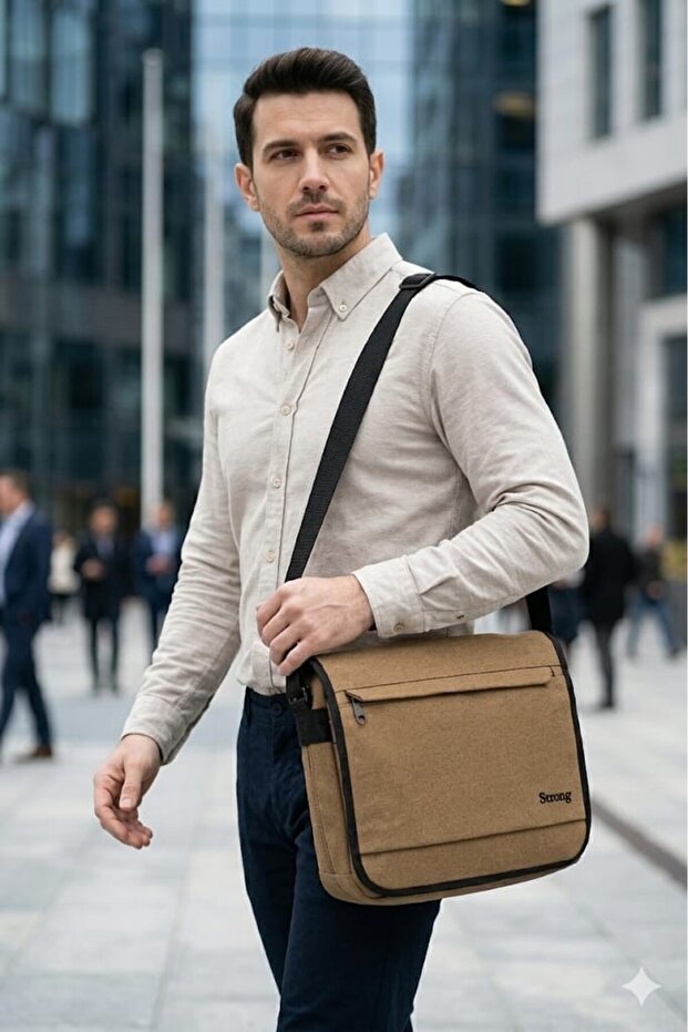 Sr-011 Unisex Canvas Messenger Bag with Strap Shoulder Bag School Bag Gusseted Crossbody Bag Beige