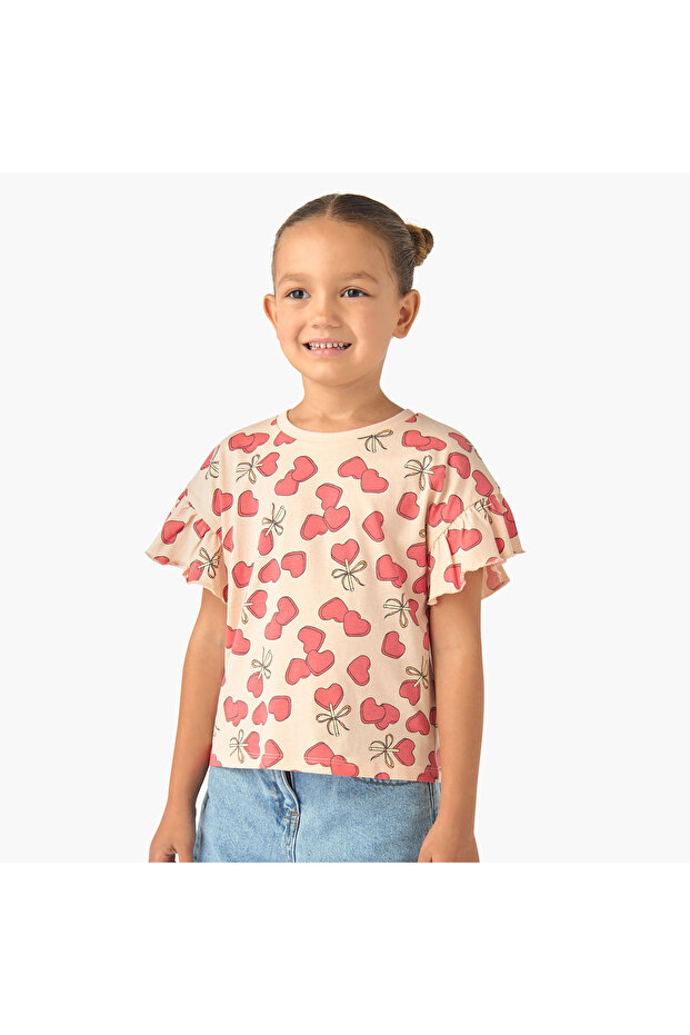Crew Neck Short Ruffle Sleeves T-shirt with Print