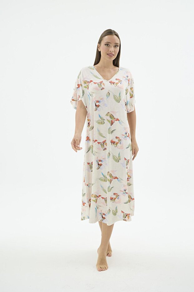 Women's Short Sleeve V-Neck Patterned Long Beige Dress C3T7N571