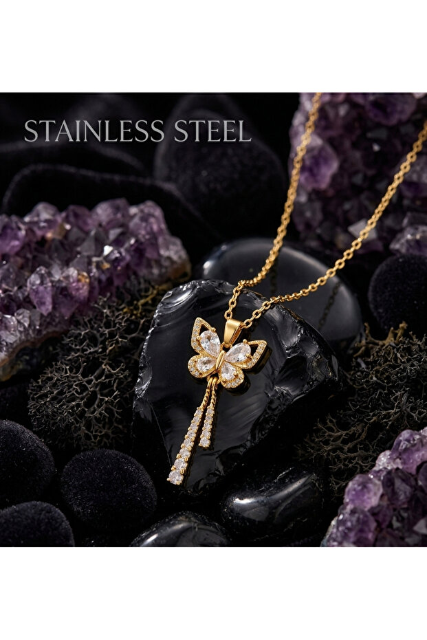Vi̇p Gold Color Butterfly Model Long Shiny Steel Necklace with Tassels