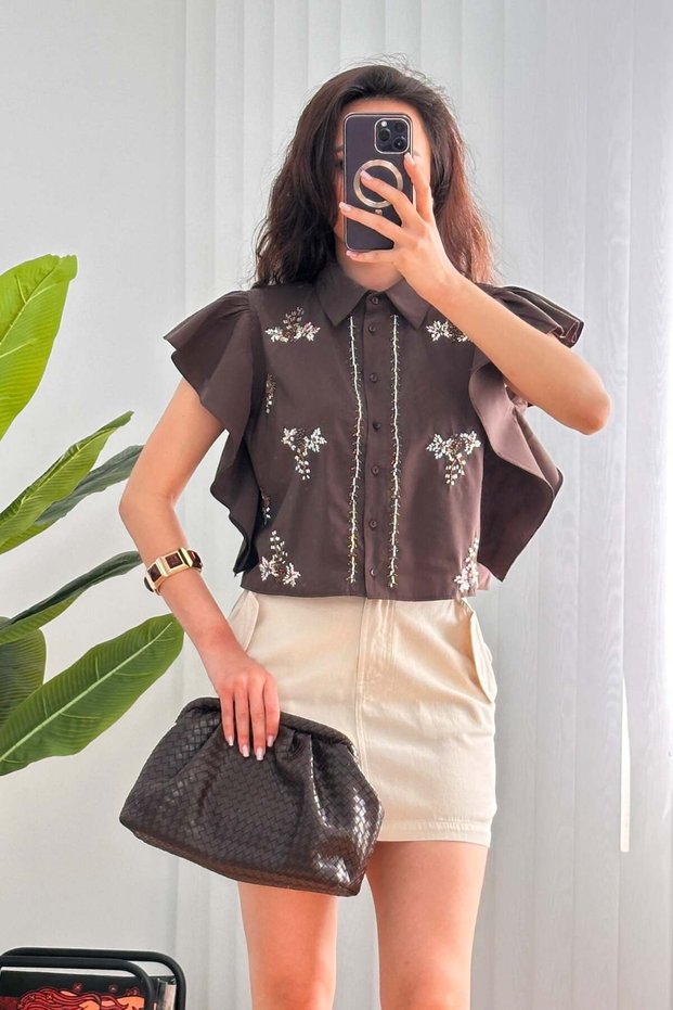 Bead Embellished Sleeve Ruffle Detailed Coffee Colored Shirt