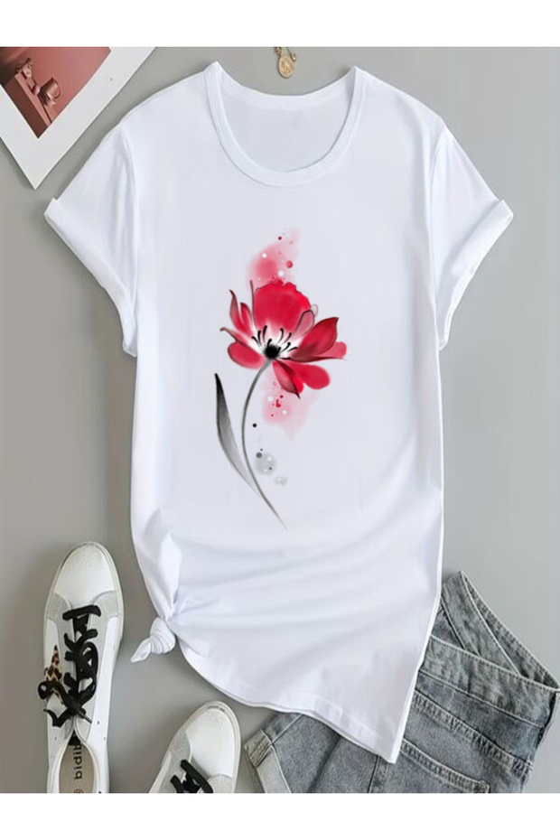 White Floral Printed Oversize T-Shirt