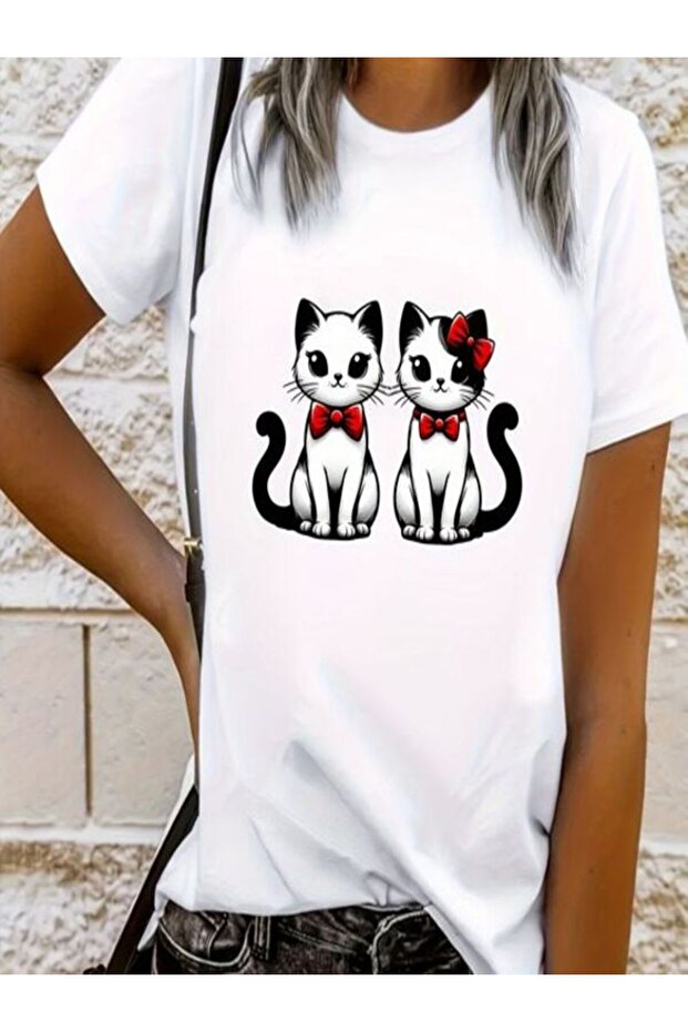 Cute Cat Printed White Oversize T-Shirt