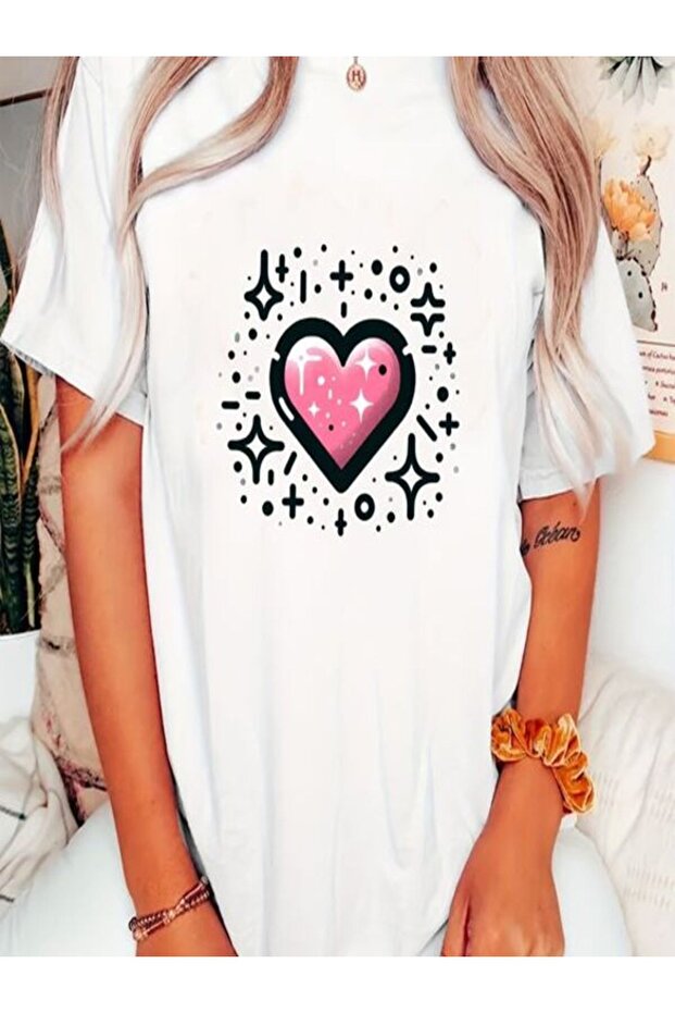 White Oversize Heart Printed T-Shirt