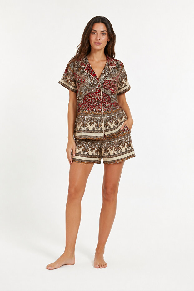 Organic Cotton Ethnic Shawl Patterned Coffee Burgundy Women's Shorts Pajama Set