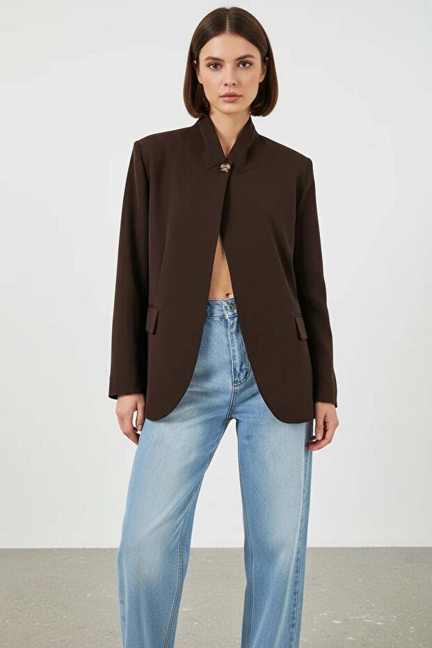 Women's High Collar Oversize Cut Buttoned Brown Jacket