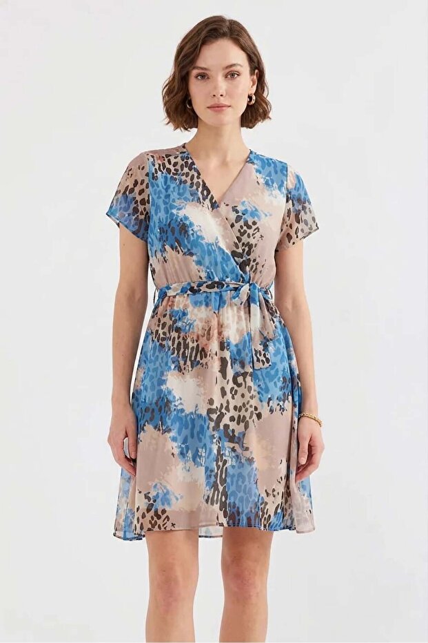 Women's Short Sleeve Belted Patterned Chiffon Blue Dress