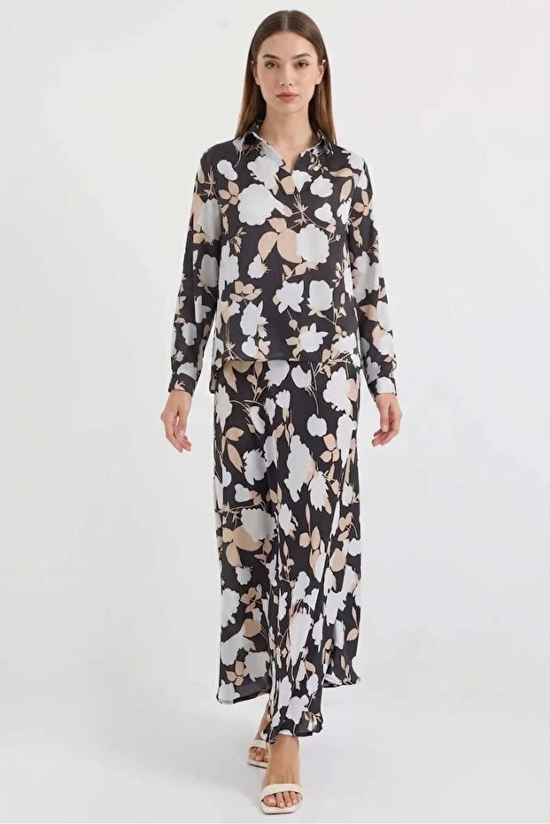 Women's Shirt Collar Floral Patterned Satin Black Double Suit