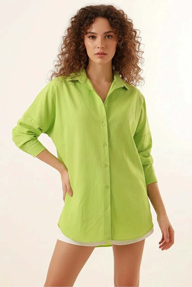 Women's Oversize Cut Basic Cotton Green Shirt