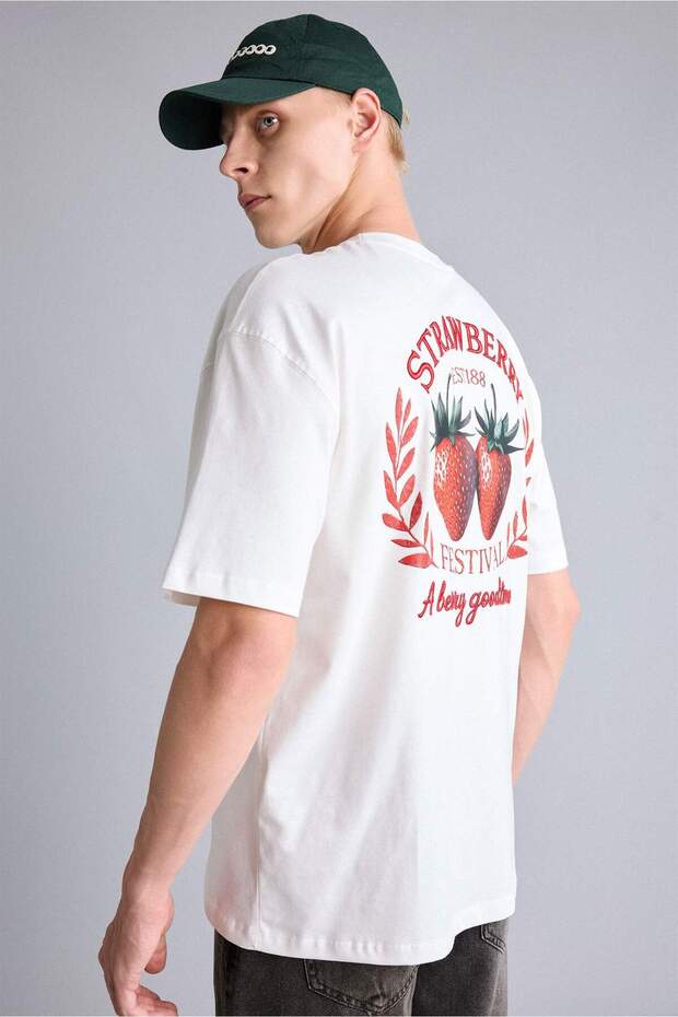 100% Cotton Oversized Crew Neck Back Printed Short Sleeve Ecru T-Shirt I2785Ax26Hs