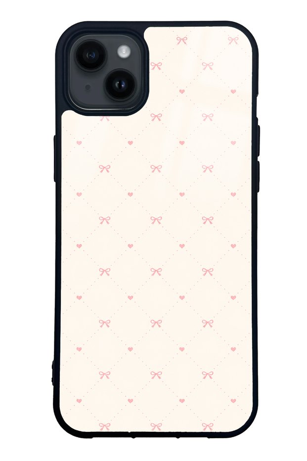iPhone 14 Plus Cream Pink Coquette Pattern Designed Glossy Phone Case