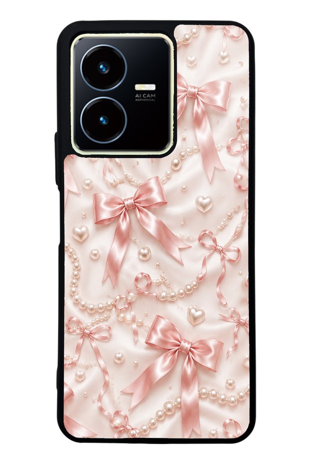 Vivo Y22S Glossy Phone Case with Blush Pearl Bow Design