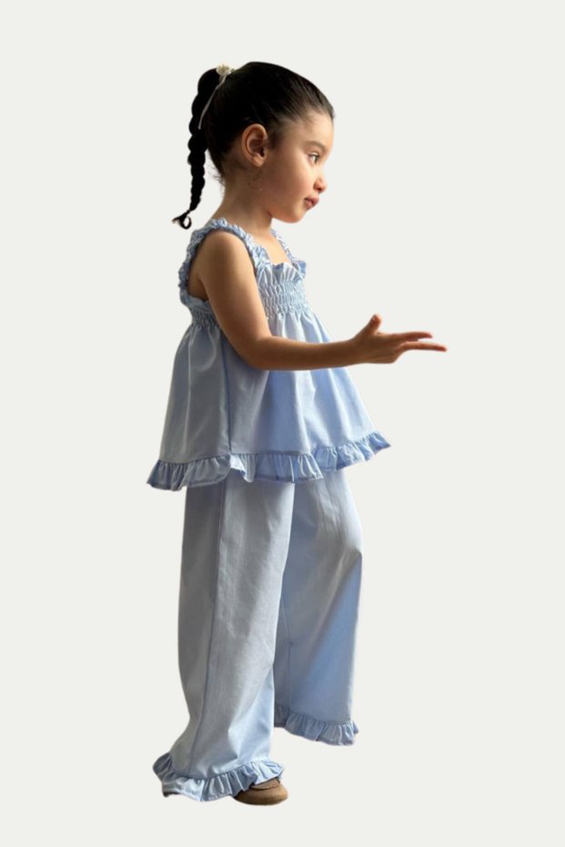 Girl's Ruffle Detailed Strappy Blouse and Trousers Set Blue