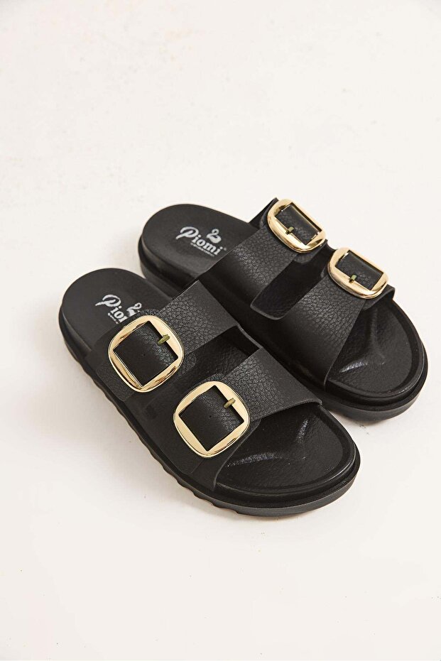 Double buckle comfortable sole women's slipper sandals black