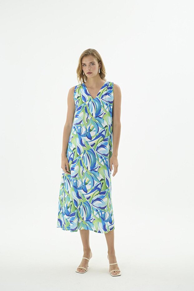 Women's V-Neck Zero Sleeve Patterned Long Dress C7T2N512