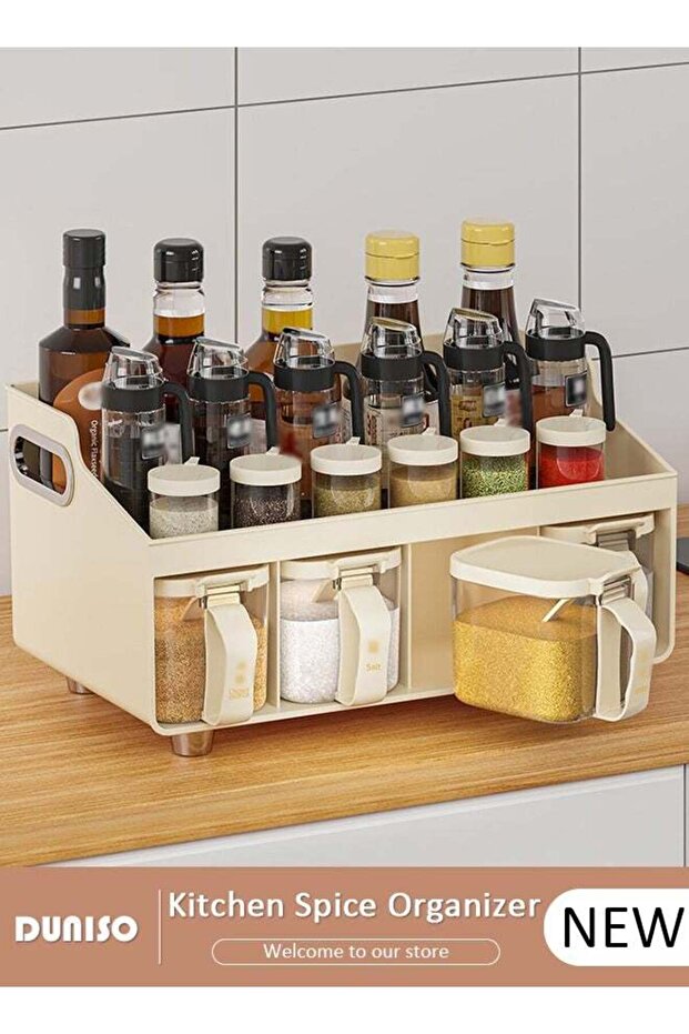 Kitchen Spice Organizer, Drawer Spice Racks with Spoon and Lid, 4-Cell Seasoning Storage Box