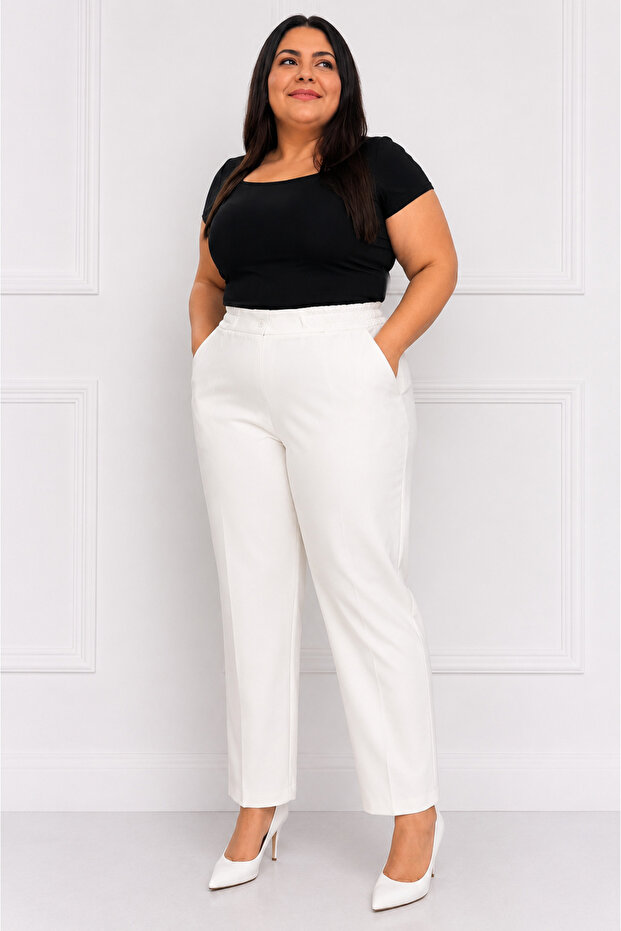 White Elastic Waist Plus Size Trousers