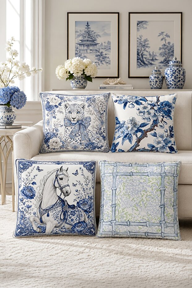 Blue Chinese Patterned 4-Piece Throw Pillow Cover Set