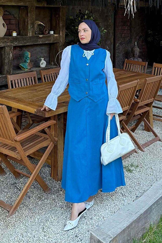 Gabardine Vest-Skirt Double Hijab Set Blue