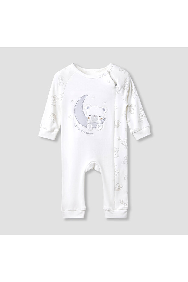 Round Neck Sleepsuit with Bear Applique - Cotton - Long Sleeves