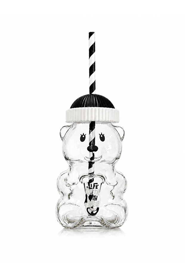 Teddy Bear Glass Cup for Cold Drinks, Frozen, Detox Cup 500 ml Black with Details and Straw