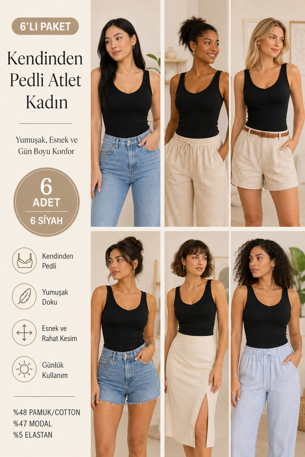 Women's Cotton & Modal V-Neck 6-Piece Camisole Undershirt - with Gathering Chest Pads
