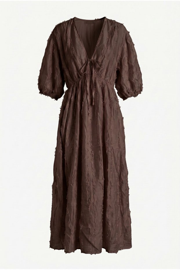 Women's V-Neck Elastic Waist Balloon Sleeve Lined Long Dress Ru-3075