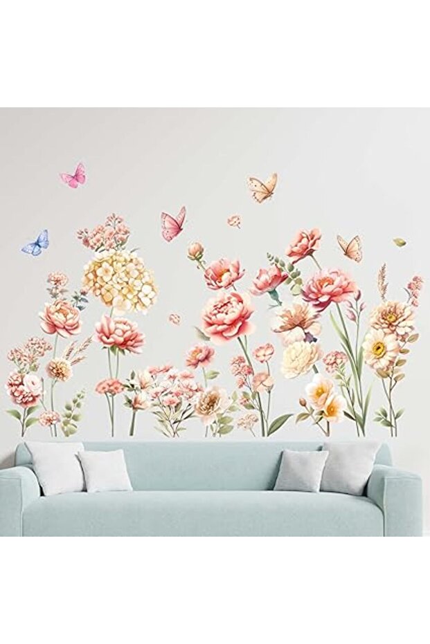 Boho Flowers Wall Stickers - Wildflower Grass Butterflies Floral Wall Sticker