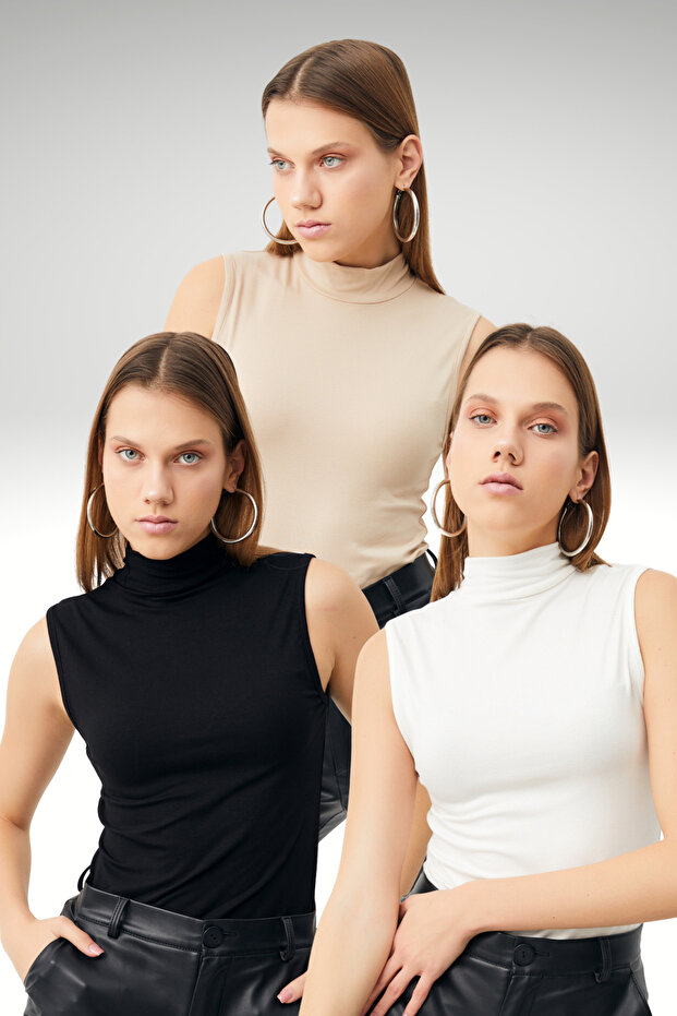 Women's Black White Cream 3-Piece Sleeveless Bodysuit
