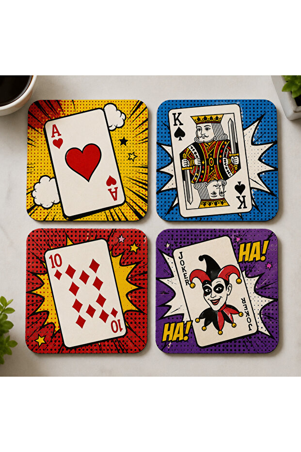 Pop Art Playing Card Coaster Set of 4 – Uv Printed Mdf Decorative Coffee and Tea Coasters
