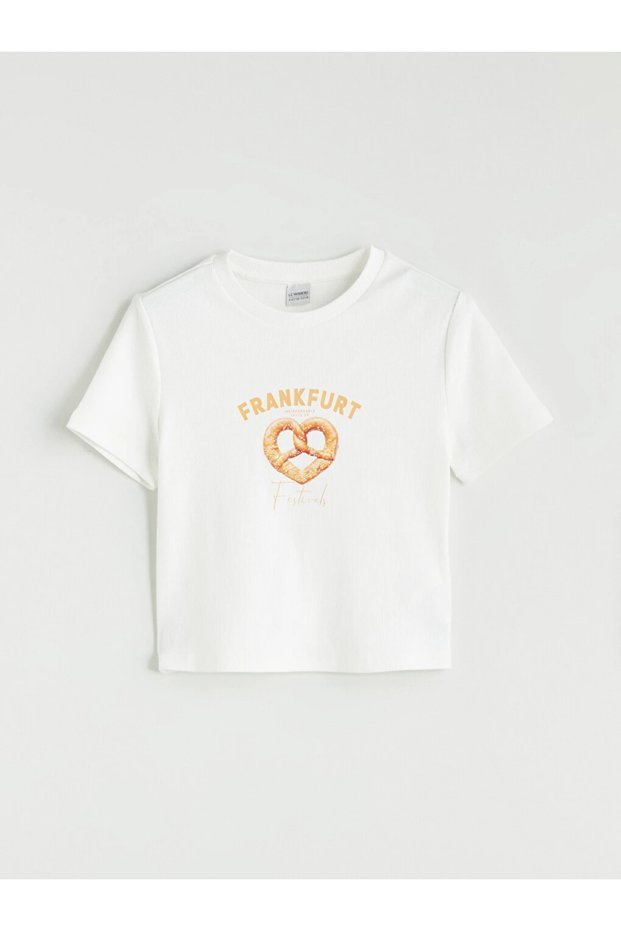 White Crew Neck Frankfurt Printed Girls' Crop T-Shirt