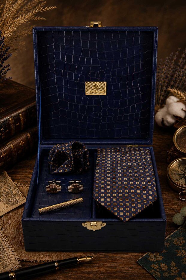 Navy Blue Men's Gift Box - Tie with Handkerchief, Cufflinks, Tie Clip Kmk232